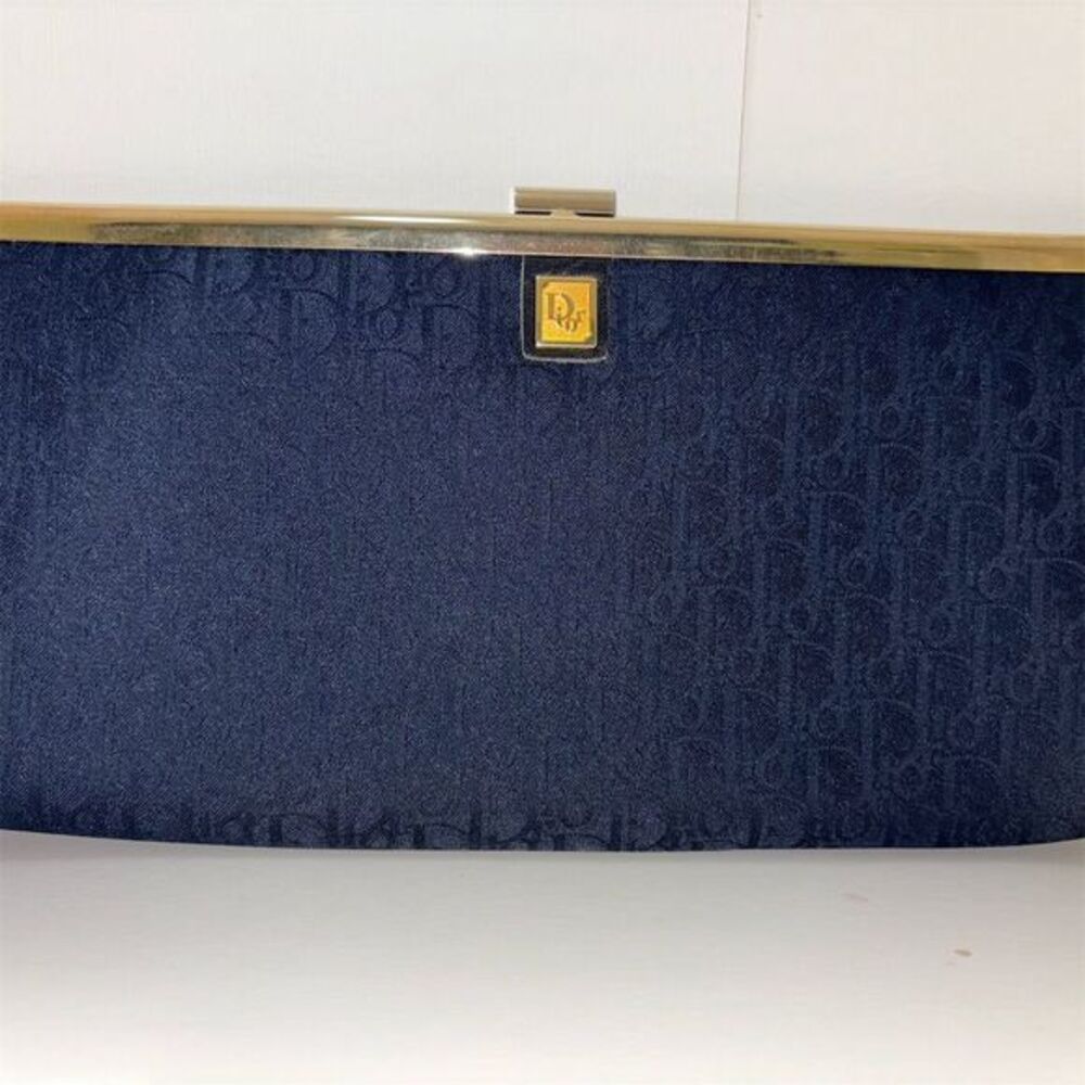 Christian Dior Vintage Trotter Clutch Handbag Navy Blue Canvas Gold Hardware